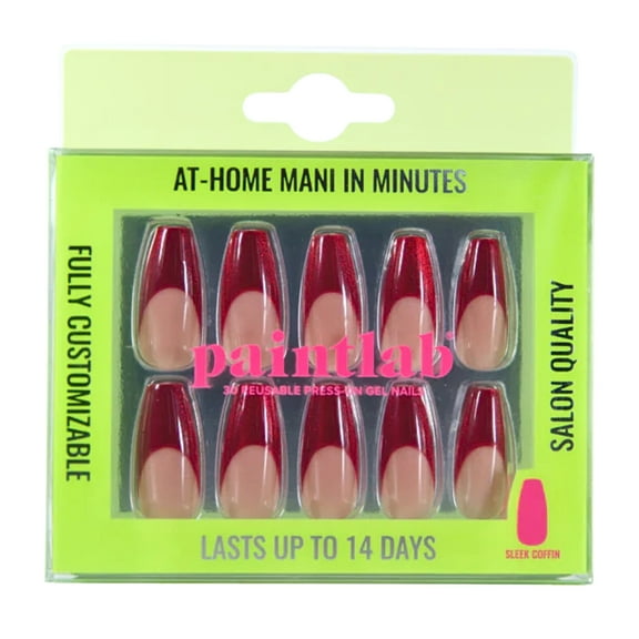 PaintLab Reusable Gel Press on Nails Kit, Sleek Coffin Shape, Red Chrome, 30 Count