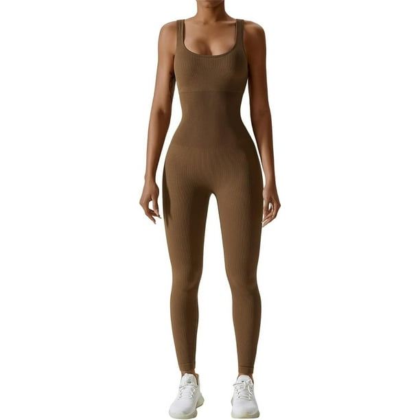 HGZEWX Mono atlético de entrenamiento acanalado para mujer, mono de yoga con sensación desnuda, chándal sin mangas de una pieza, mono tipo catsuit