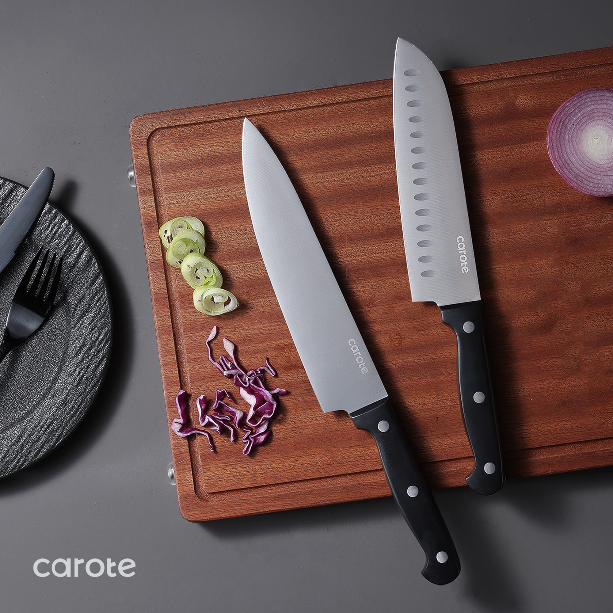 CAROTE 14 Pieces Knife Set with Wooden Block Stainless Steel Knives Dishwasher Safe, Black  (图4)