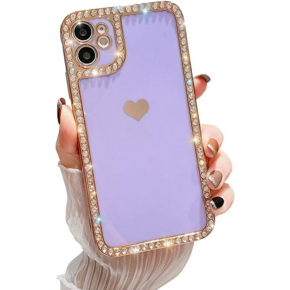 Compatible with iPhone 11 Case for Women Girls, Cute Love Heart Pattern Electroplated Crystal Rhinestone Design Soft Slim TPU Protective Bumper Cover for iPhone 11 6.1＂-Purple