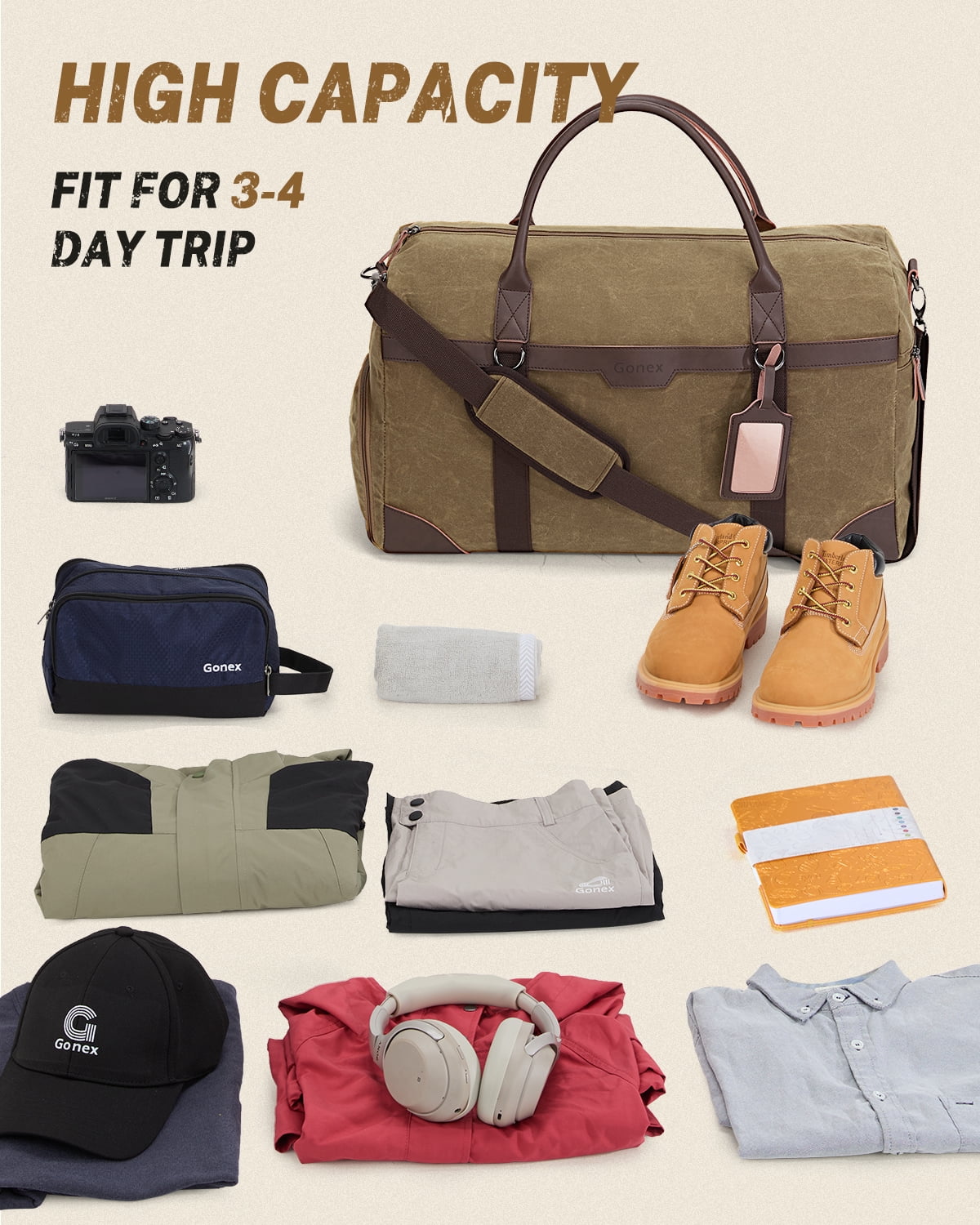 Gonex Waxed Canvas Duffle Bag, 55L Water-Resistant Travel Duffel, Vintage Overnight Weekender Bag with Shoes Compartment for Men & Women