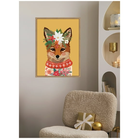 Kate and Laurel Framed Canvas Wall Art Print 'Christmas Fox' by Mia Charro, 18 x 24 Sylvie Beaded Rustic Natural Frame, Whimsical, Animal Art for Wall Decor