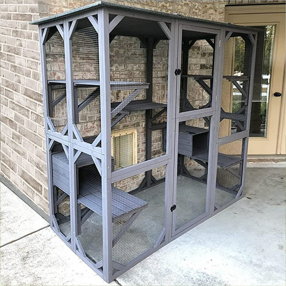 Aivituvin Catio Outdoor Cat Enclosure, 7-Platform Cat House Outdoor with Asphalt Roof, Wooden, 71 in