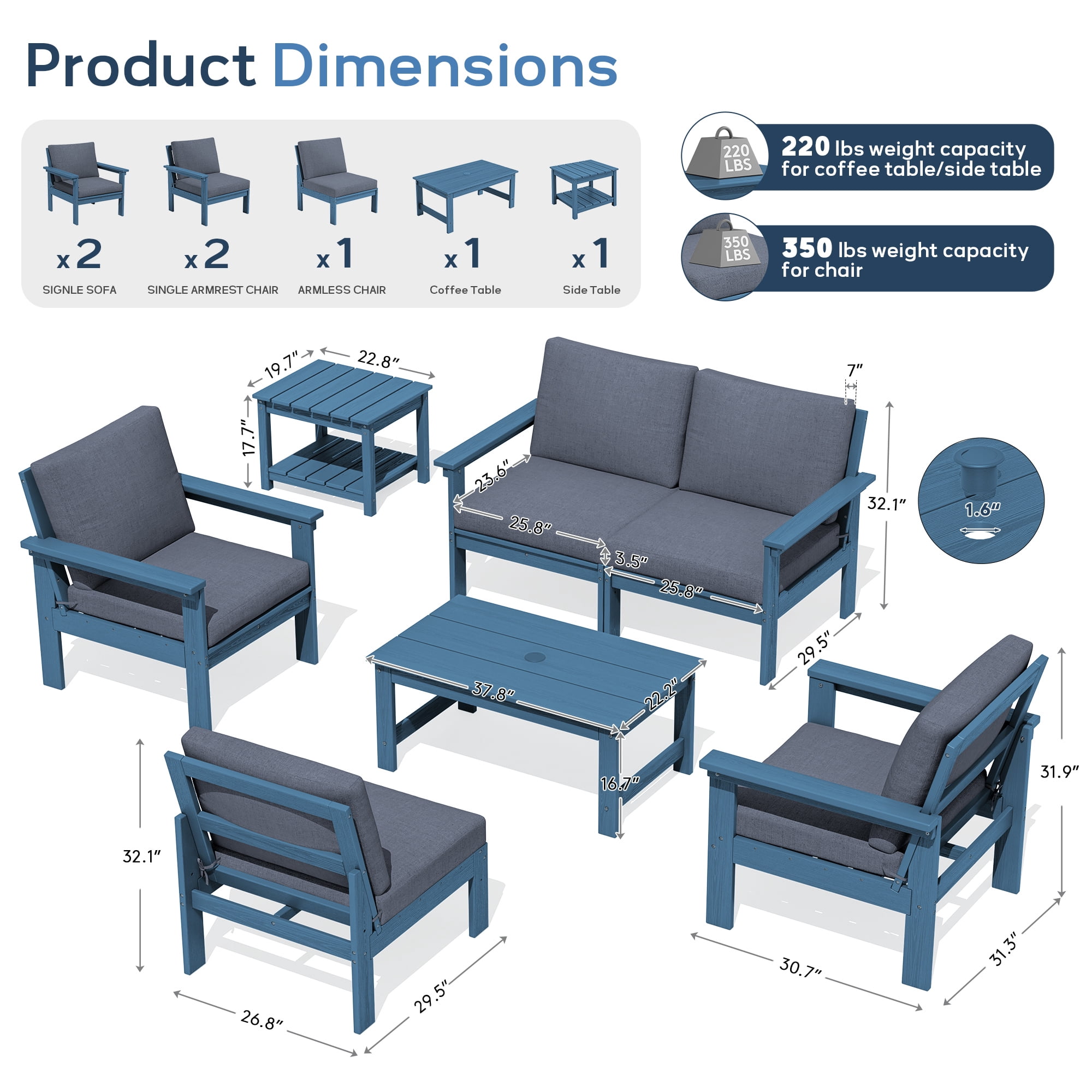 SERWALL Outdoor Patio Furniture Set, 7-Piece HDPE Outdoor Sofa Set Patio Conversation Set, Blue Frame with Grey Cushions