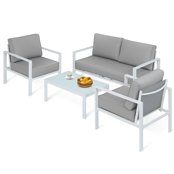 Magshion Outdoor Patio Furniture Set, 4 Piece Conversation Set with Coffee Table, Metal Furniture Set for Porch Backyard Garden, Gray