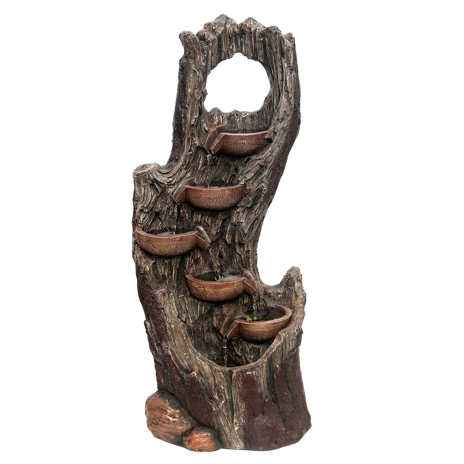 6-Tiers Floor Cascading Waterfall Fountains Outdoor Indoor Tree Trunk Water Garden Fountain with LED Lights Rainforest Water Feature Decor for Backyard Porch Patio Lawn 43.31''H