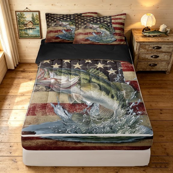 Manfei Vintage Bass Fish Zipper Twin Comforter Sets with Fitted Sheet and 2 Pillowcases, Rustic American Flag Zipper Bedding Set, Red Navy Beige, Black Reversible, 4pcs