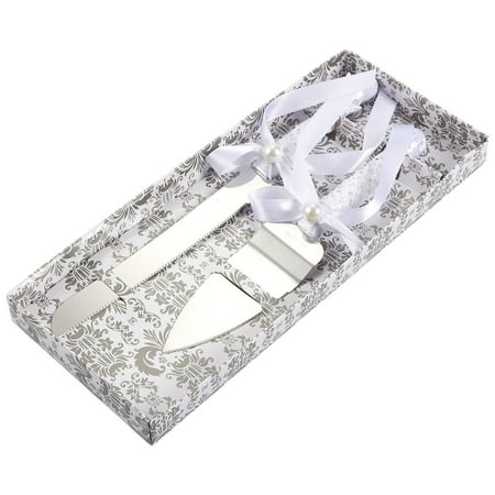 Wrap Around Side Handle Silver Cake Server Set - Stainless Steel Wedding Knife with Ribbon, Lace, and Pearl Wrapped Around Handle ()