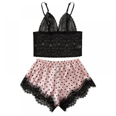 

Monfince 2 Pieces Women Pajamas Sets Sling Camis Sexy Lace Sleepwear Pink Silk Satin Dressing Gown (M)