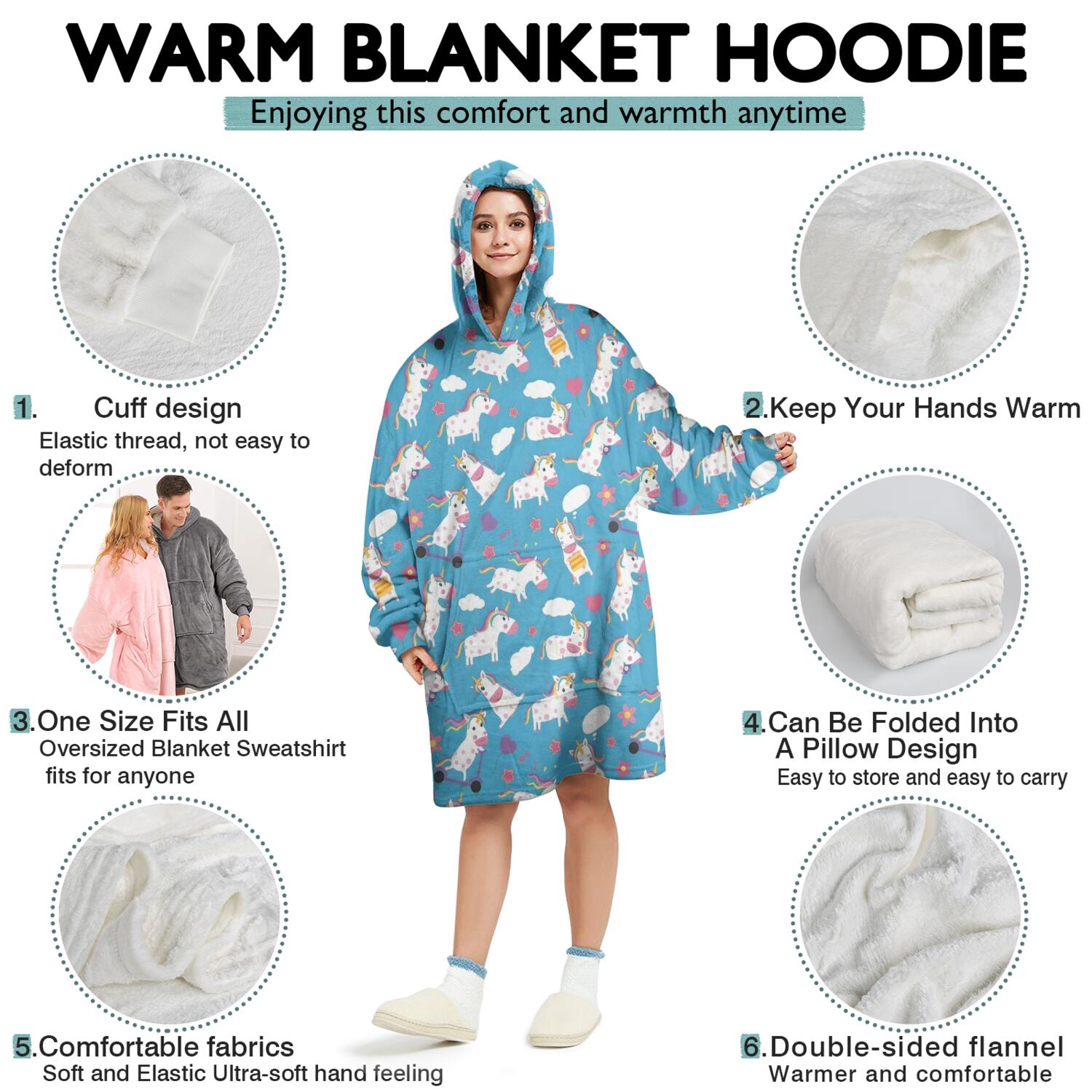 Wearable Oversized Blanket,Blue Cartoon Unicorn Cloud Flower Pattern Wearable Blanket Hoodie for Adults,Cozy Hooded Blankets with Super Pockets,Super Warm Fuzzy Pullover for Women & Men
