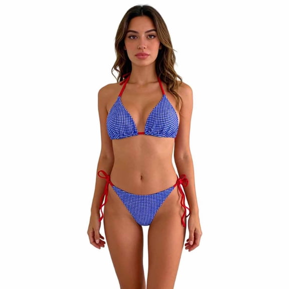 Women's Bikini Swimsuits, Plaid Strapless Cup Tie Side Two Piece Bikini Summer Swimwear Blue L