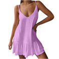 thumbnail image 2 of JUNWELL Robes d'Été pour les Femmes Boho Couleur Unie V Cou Spaghetti Sangle Mini Robe Décontractée Volants Ourlet Fluide Robe de Plage, 2 of 5