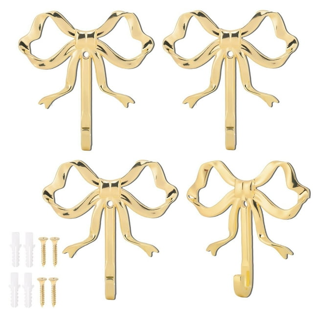 Paquete de 4 Ganchos de Pared Dorados de Aleación con Lazo para Colgar Abrigos, Sombreros y Toallas, Percheros Decorativos para Baños y Cocinas(L)