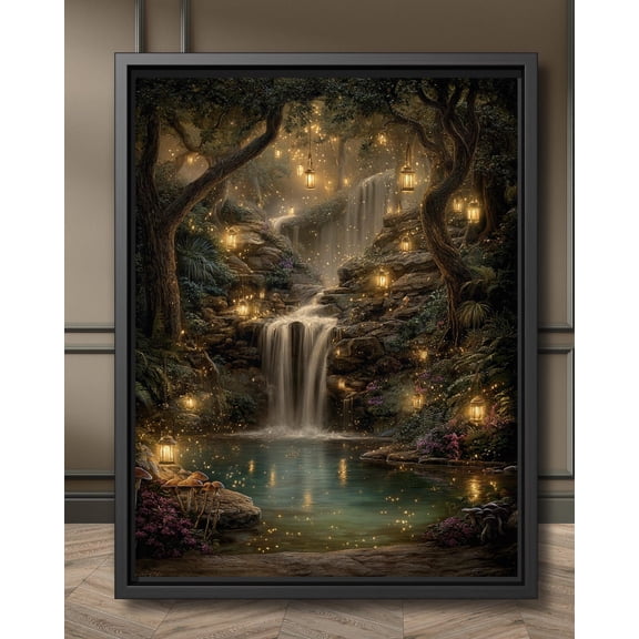 Fantasy Woodland Waterfall Poster Enchanted Pond Mystical Wall Art With Fireflies And Golden Lights, Magical Meditation Poster Decor, Unframed Poster Size 8x12
