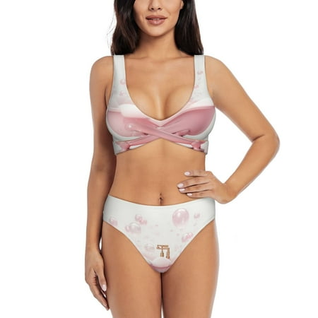 Zeuib Cute Bathtub High Waisted Tummy Control Bikini Set - Knot Front Push Up Top & Cheeky Thong Bottom  Two-Piece Swimsuit for Women-XX-Large