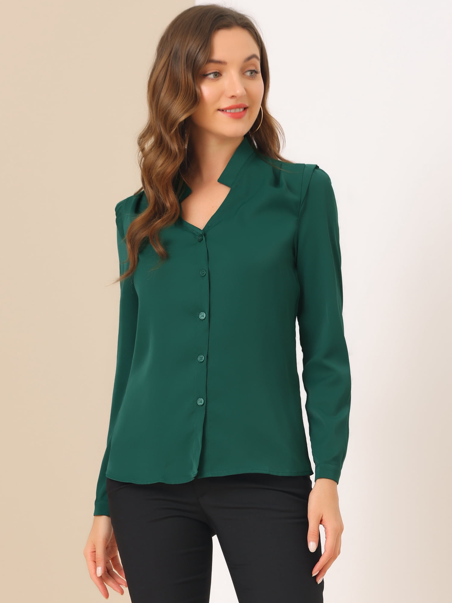 DARING DIVA Women's Elegant V Neck Long Sleeves Button Down Shirt XL Green