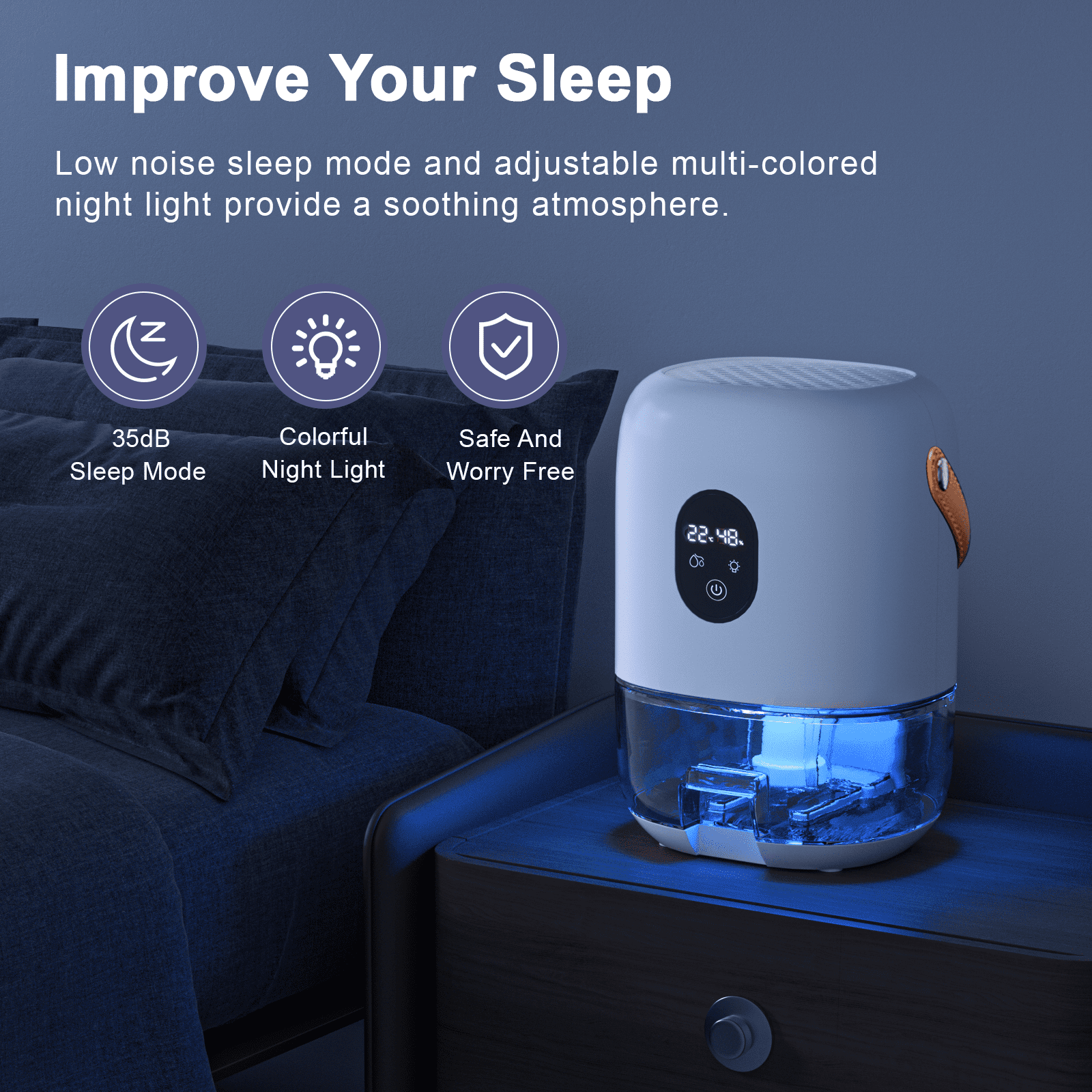 Flictozena Desktop dehumidifier with 35oz water tank, portable leather handle, 7-color ambient light, Elegant White