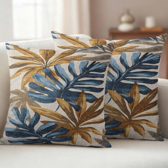 Pack of 2 Outdoor Pillow Covers 24x24 Inch Waterproof Navy Blue Brown Throw Pillow Covers,Decorative Couch Pillow Shams Protectors Vintage Elegant Botanical Palm Leaves Patio Cushion Pillowcases