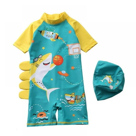 

AJZIOJIRO Toddler Boy One Piece Dinosaur Sunsuit Swimsuit Rash Guard Baby Swimwear with Hat UPF 50+ Sun Protection Bathing Suit