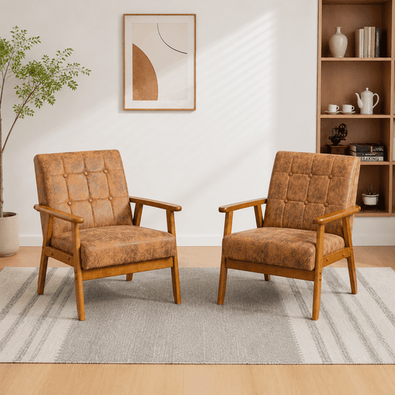 MOONMISS Accent Chair Set of 2,Mid Century Modern Technical Fabric Armchair with Wood Frame for Living Room Bedroom Study Room Easy Assembly,Coffee