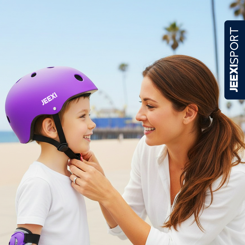 JEEXI 7 Pack Kids Protective Gear with Helmet, Knee & Elbow Pads, Wrist Guards for Skateboard, Roller Skates, Bike, Scooter (Purple)