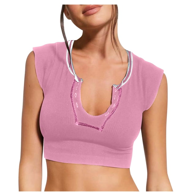 Timegard Going out Tops for Women Notched V Neck Sleeveless Crop Top Solid Color Slim Fitting Comfy Top