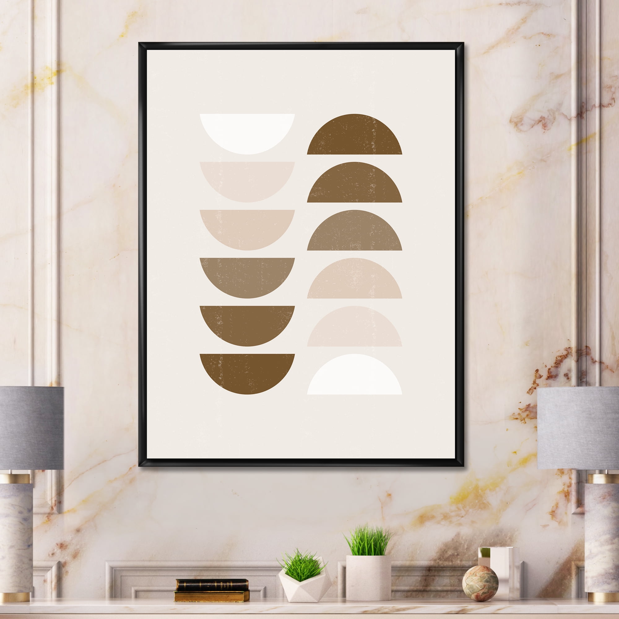 Designart 'Abstract Moon and Sun Geometrics In Terracotta II' Modern Framed Canvas Wall Art Print
