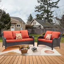 Vcatnet 2 Pieces Outdoor Patio Furniture Loveseat Sectional Sofa All Weather Wicker Conversation Set for Deck, Porch, Orange Red