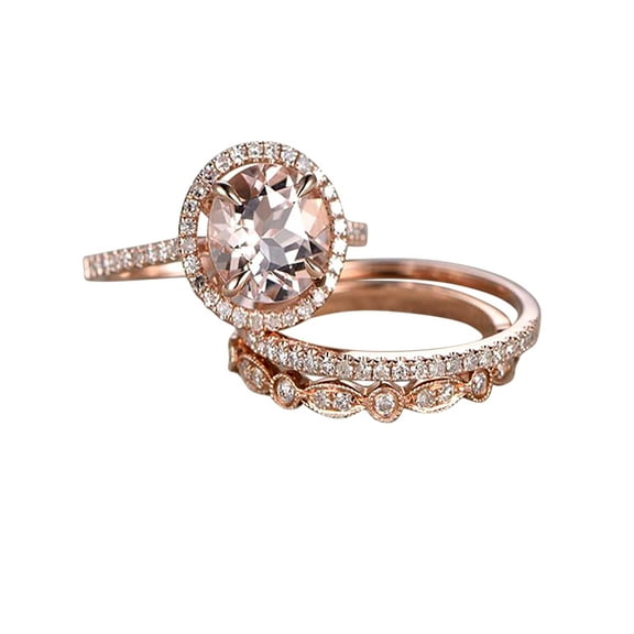 2 carat Real Morganite Ring Set with Man made diamond moissanite One Engagement Ring and 2 Wedding Bands with 18k Gold Plating