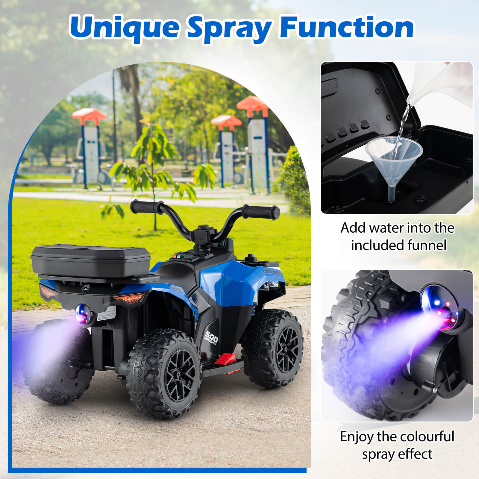Infans 6V Kids Ride On ATV w/ Music & Spray Function USB Port Storage Box Toy Car