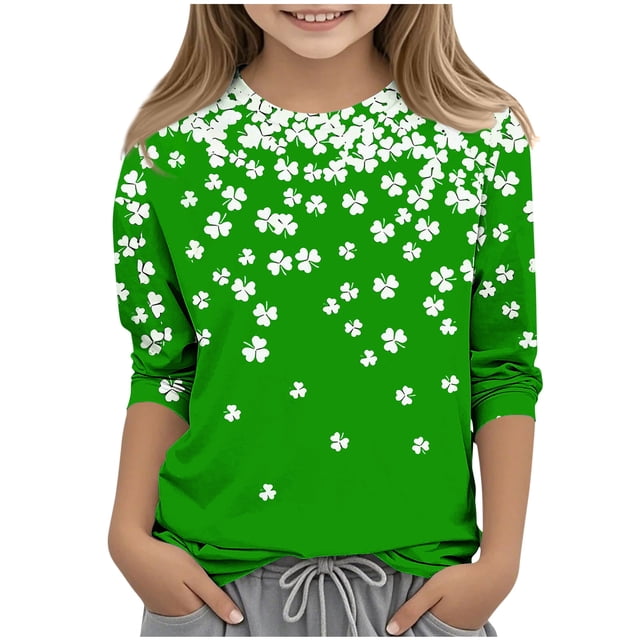 Blouse Imprimée pour la Saint-Patrick pour Filles, Haut en Polyester à Manches 3/4 et Col Rond, Léger et Doux pour l'Été et le Printemps