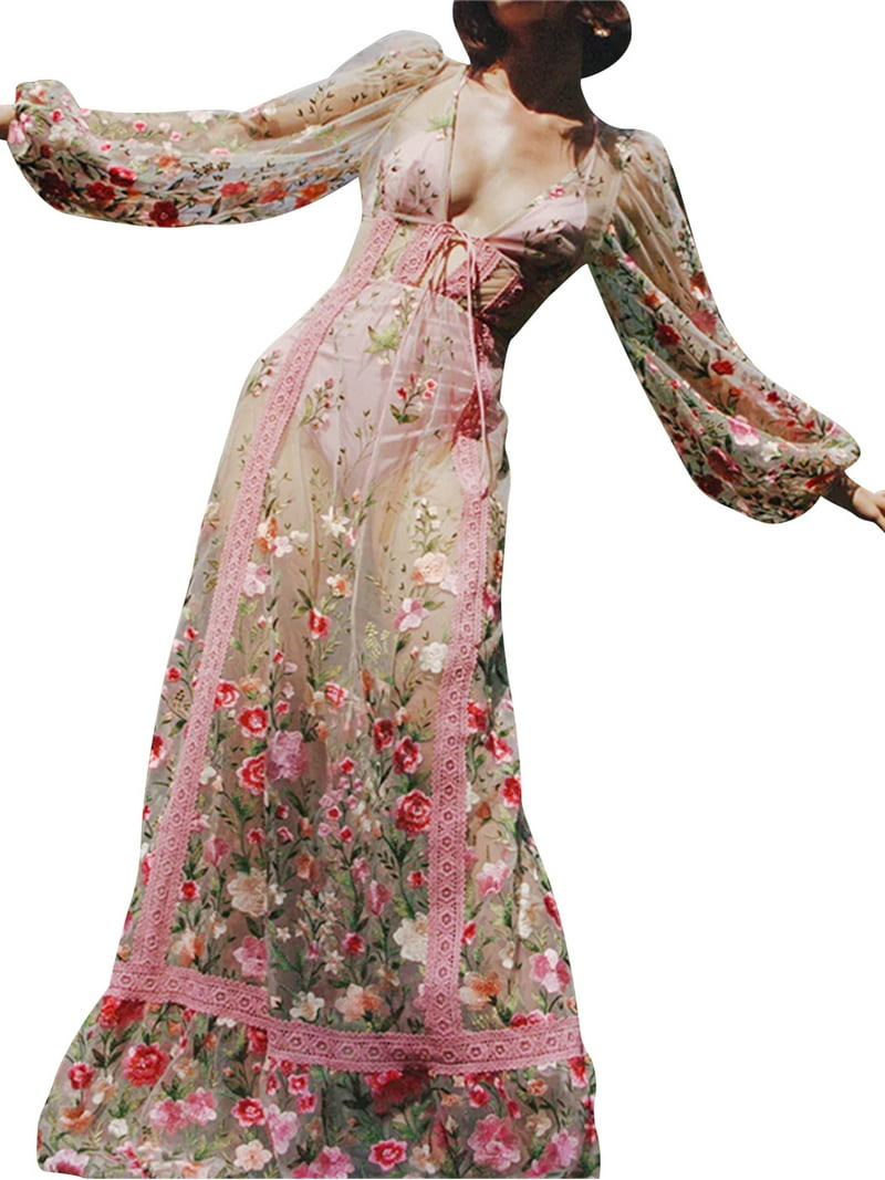 Women Sexy Sheer Mesh See Through Maxi Dress Floral V Neck