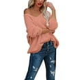 thumbnail image 3 of Women's Off The Shoulder Hollow Knit Pullover Sweater, Loose Lightweight Soft Breathable V Neck Long Sleeve Solid Color Top for All Seasons Casual Wear, Layering Comfort and Versatile Styling Pink S, 3 of 9