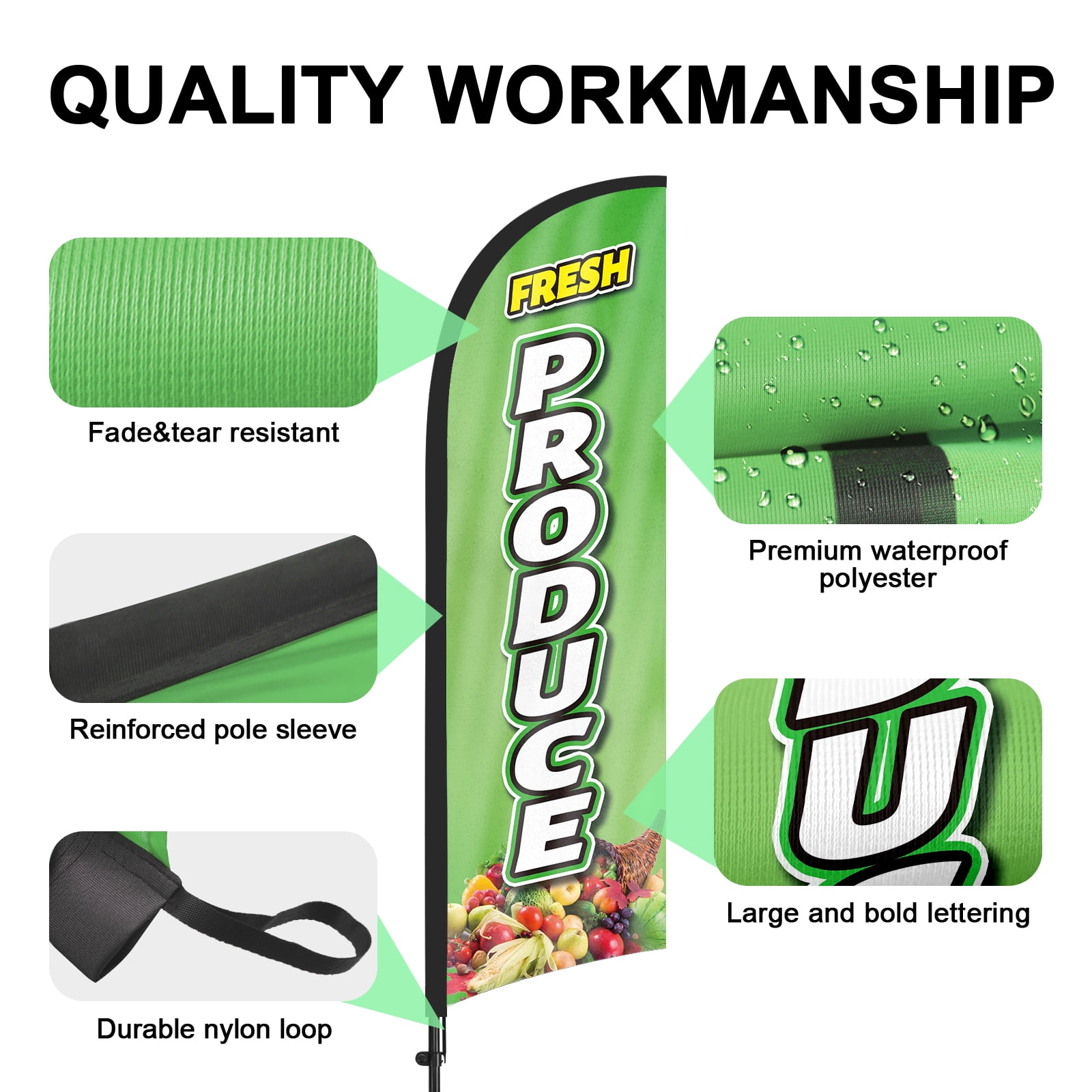 QSUM Fresh Produce Feather Flag with Flag Pole Kit and Ground Spike, 8.2FT Fresh Produce Windless Flag Banner Sign Business for Outdoor Advertising Sign Decoration Display