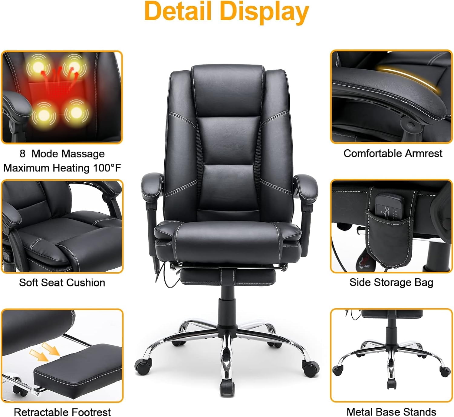 Homrest Ergonomic Indoor Massage Heated PU Leather Office Chair, Black