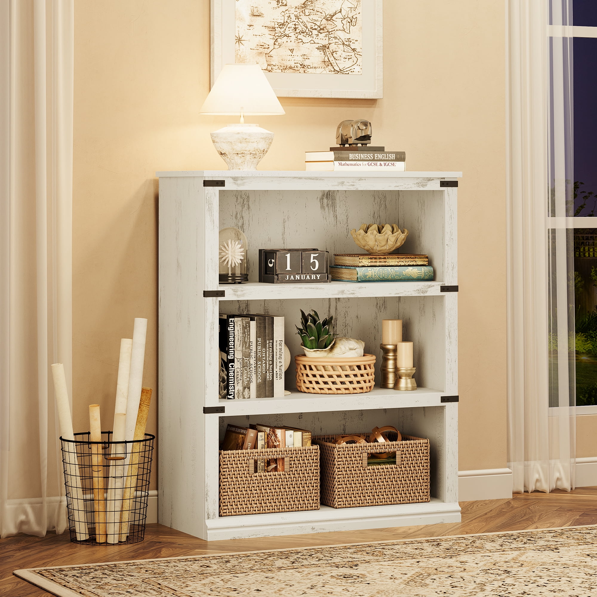 Litake 3 Tier Bookcase, Farmhouse Book Shelf with Storage Open Display Bookshelves, 43.3" Low Book Case Wooden 3 Shelf Bookcase Home Decor Furniture for Home Office, Living Room, Bed Room - White