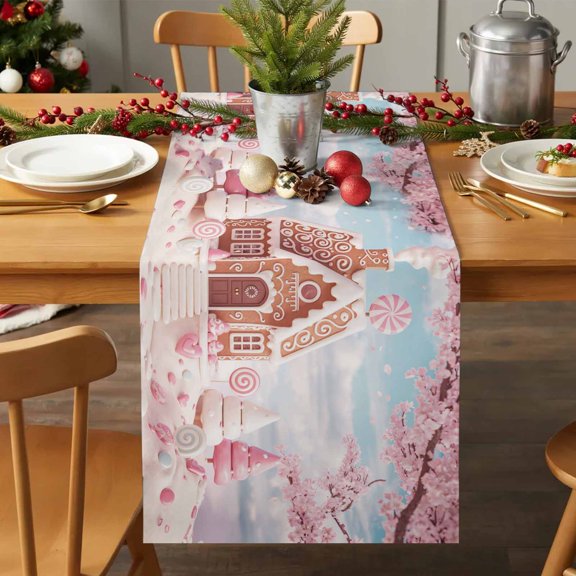 Table Runner 70 Inches Long - Dreamy Christmas Tree Wooden House Decorative Table Scarf, Winter Pink Flower Dining Table Runners for Wedding Party Kitchen Dining Tables