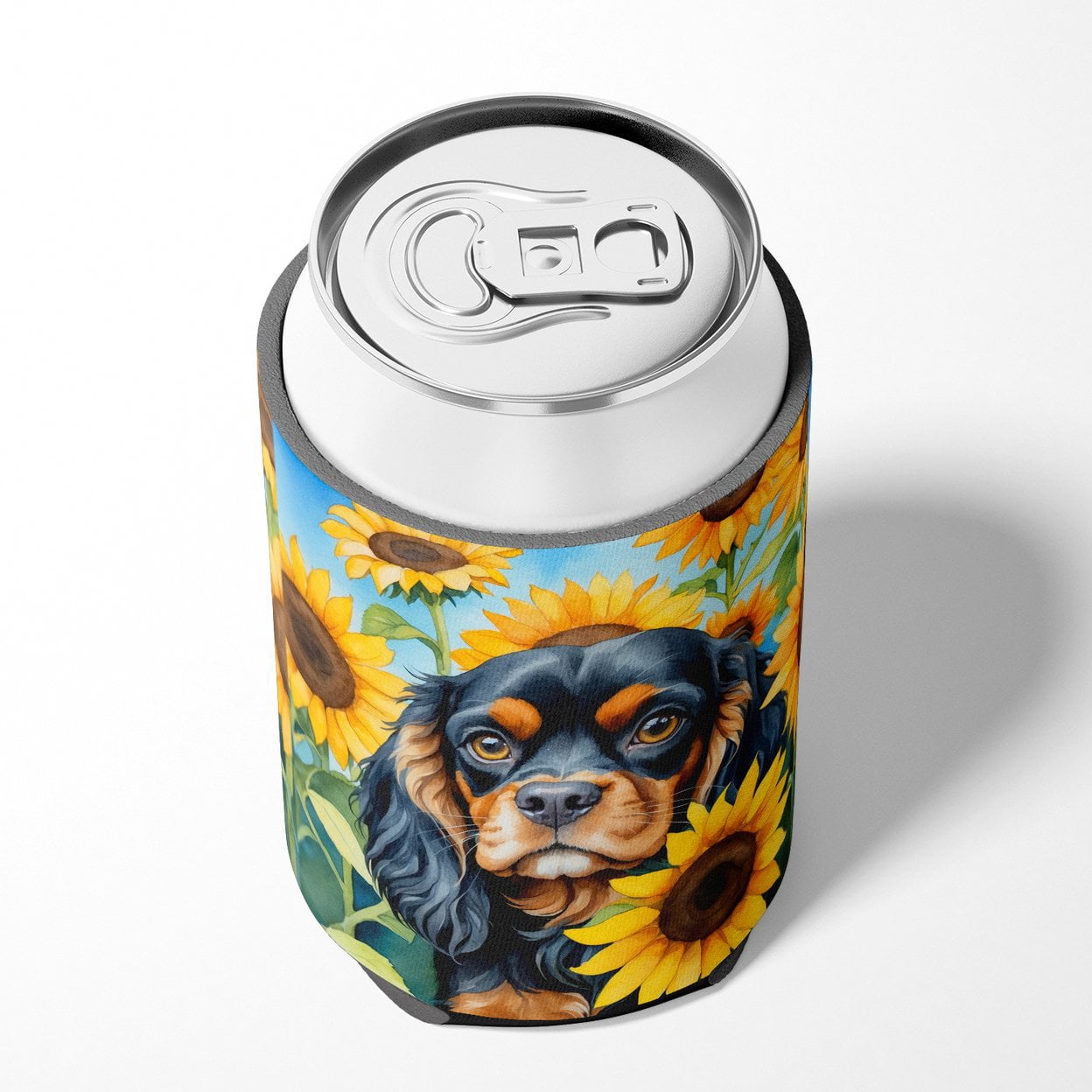 Cavalier Spaniel in Sunflowers Can or Bottle Hugger 3 in x 5 in