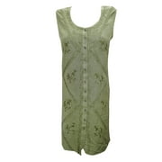 Mogul Women's Shift Dress Sleeveless Stonewashed Rayon Green Embroidered Dresses