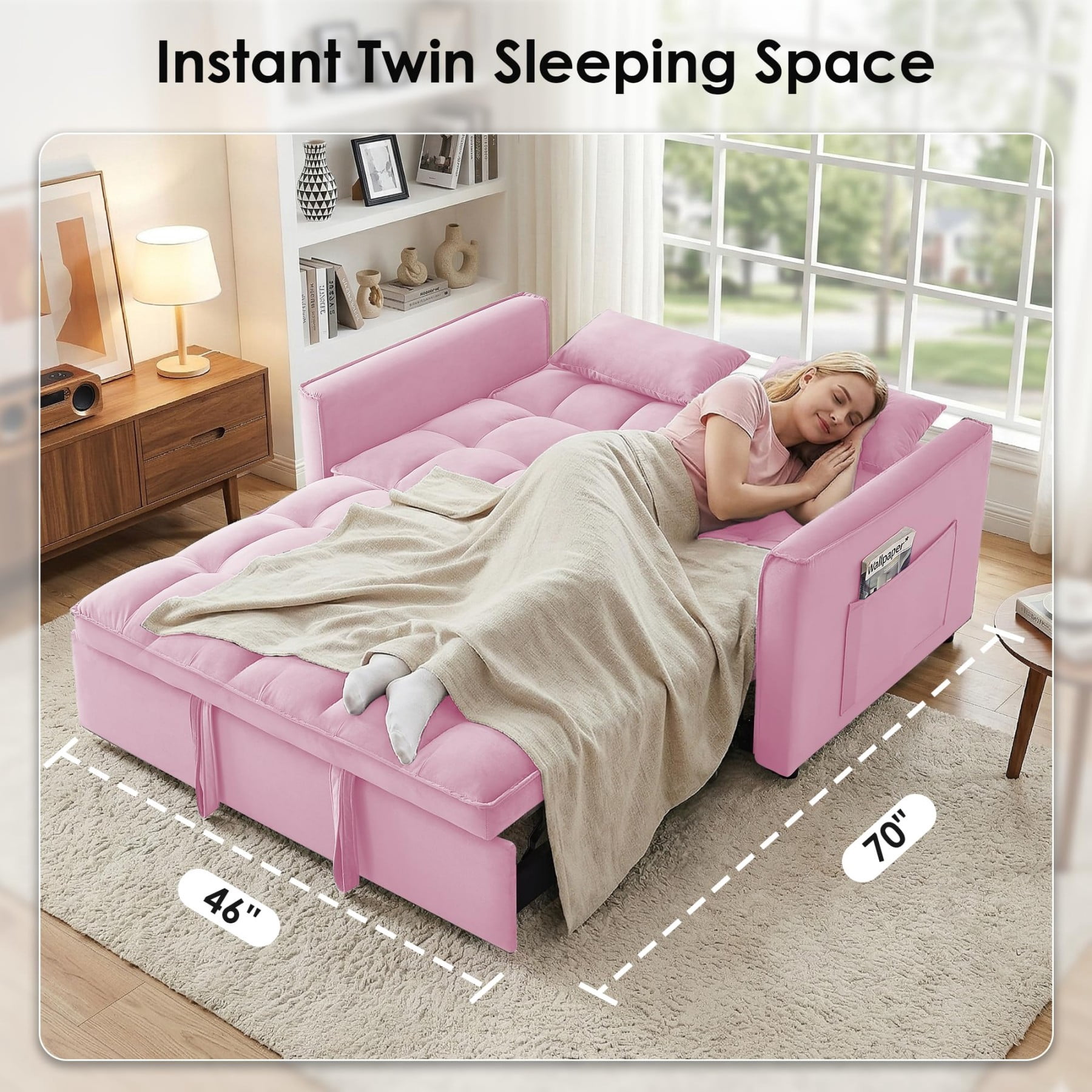 54" 3 in 1 Convertible Velvet Sofa Bed, 3 Position Foldable Sleeper Couch with Adjustable Backrest & Pillows, Pink