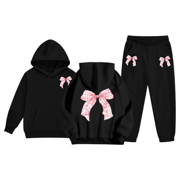 Tiweut 2PCS Outfits Girls Winter Lined Bow Print Hoodie and Joggers Tracksuit Set,2-3 Y