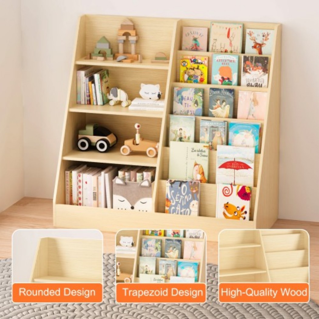 Kids Bookshelf and Toy Storage Organizer, Wooden Kids Bookcase with Multi-Level Shelves & Toy Storage, Children's Book Display Stand for Playroom, Nursery & Kids Room, Natural