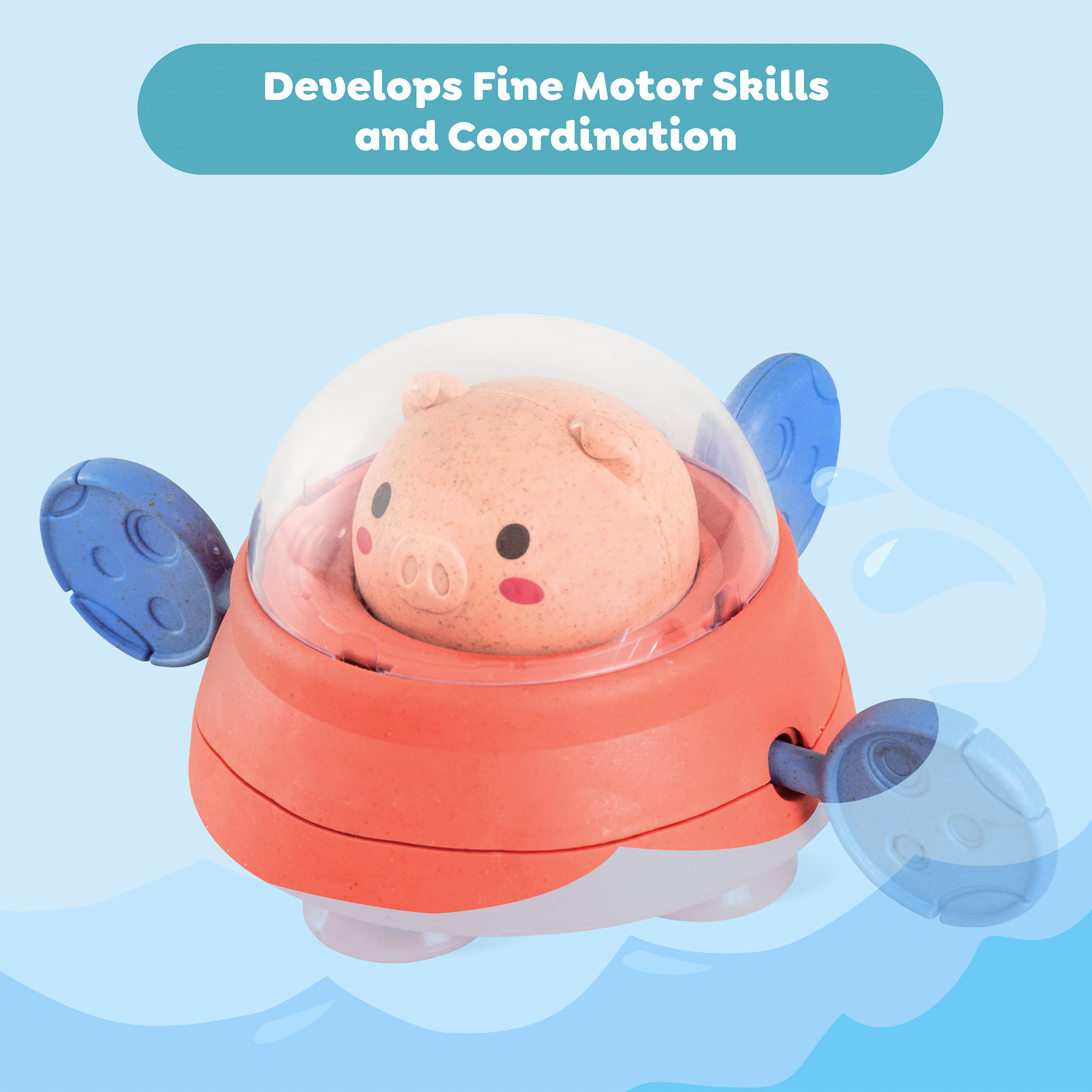 Tiger Tribe Paddle Ship Bath Toy - Space Piggy Floating Toy with Pull String Action, Non-toxic, Eco-friendly for Toddlers 18mo+, Develops Motor Skills