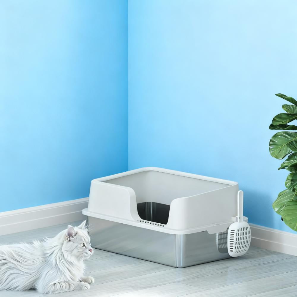 Stainless Steel High Sided Cat Litter Box for Large Cats, Odor Resistant Easy Clean Metal Litter Pan with Raised Edges