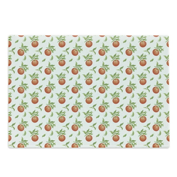 Tangerine Cutting Board, Continuous Pattern with Hand Drawn Mandarins on Leafy Branches, Decorative Tempered Glass Cutting and Serving Board, in 3 Sizes, by Ambesonne