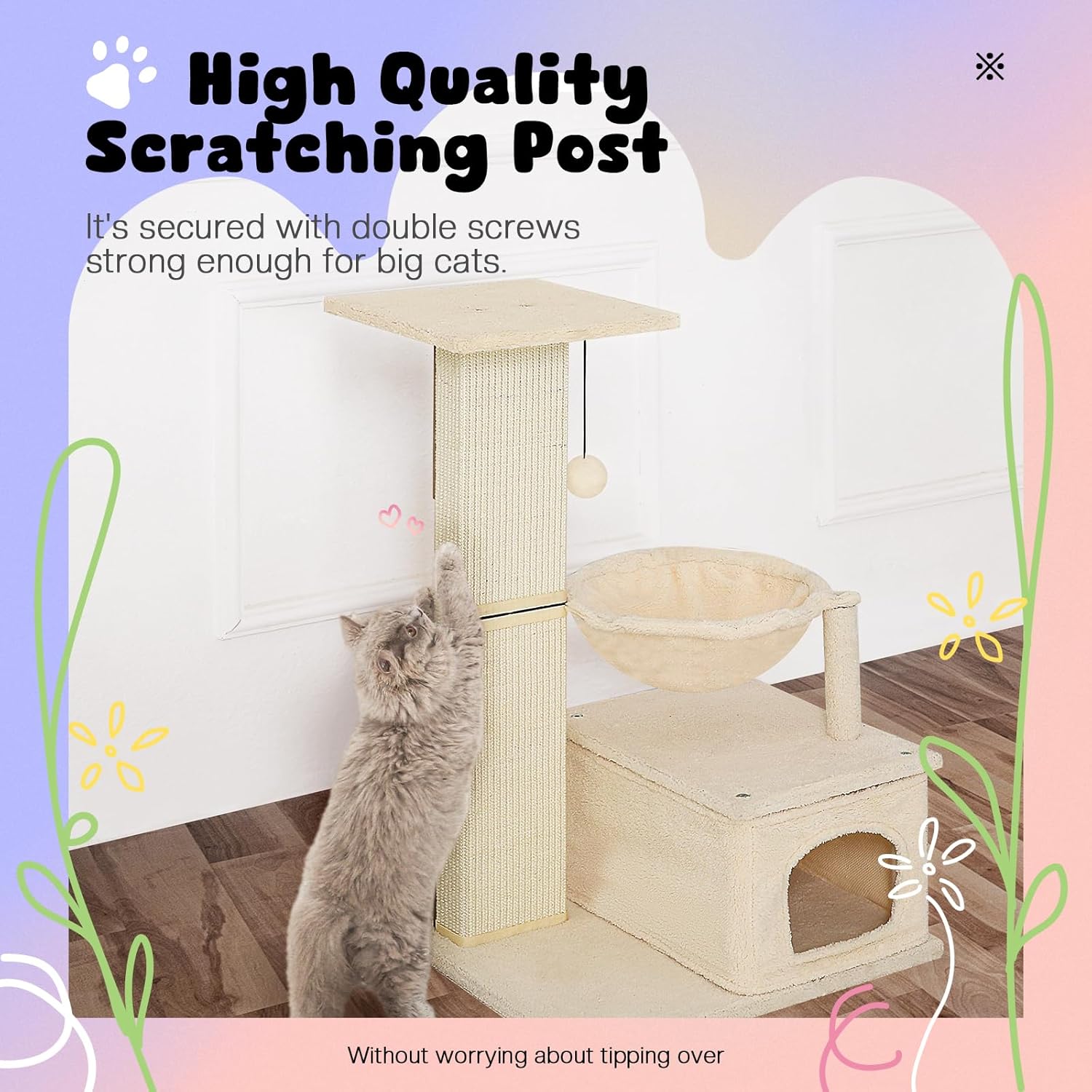 Cat Scratching Post with Perch, Sisal Cat Scratchers for Indoor Cats, Large Cat Scratching Post with Hammock & Fluffy Ball, 31 Inches Tall Cat Scratching Tower, Beige