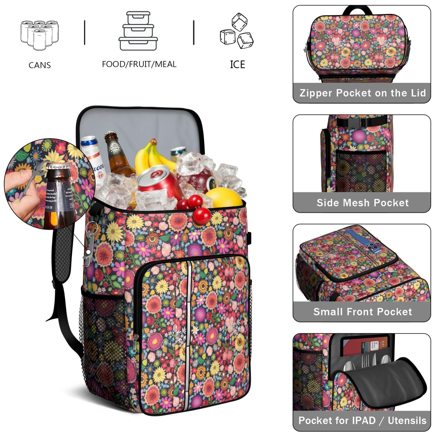 Travel Cooler Bag - Pioneer Flower Floral Print Pattern Camping Beer Cooler Backpack with Bottle Opener- Waterproof Insulated Picnic Backpacks - Cooler Bag for Beach