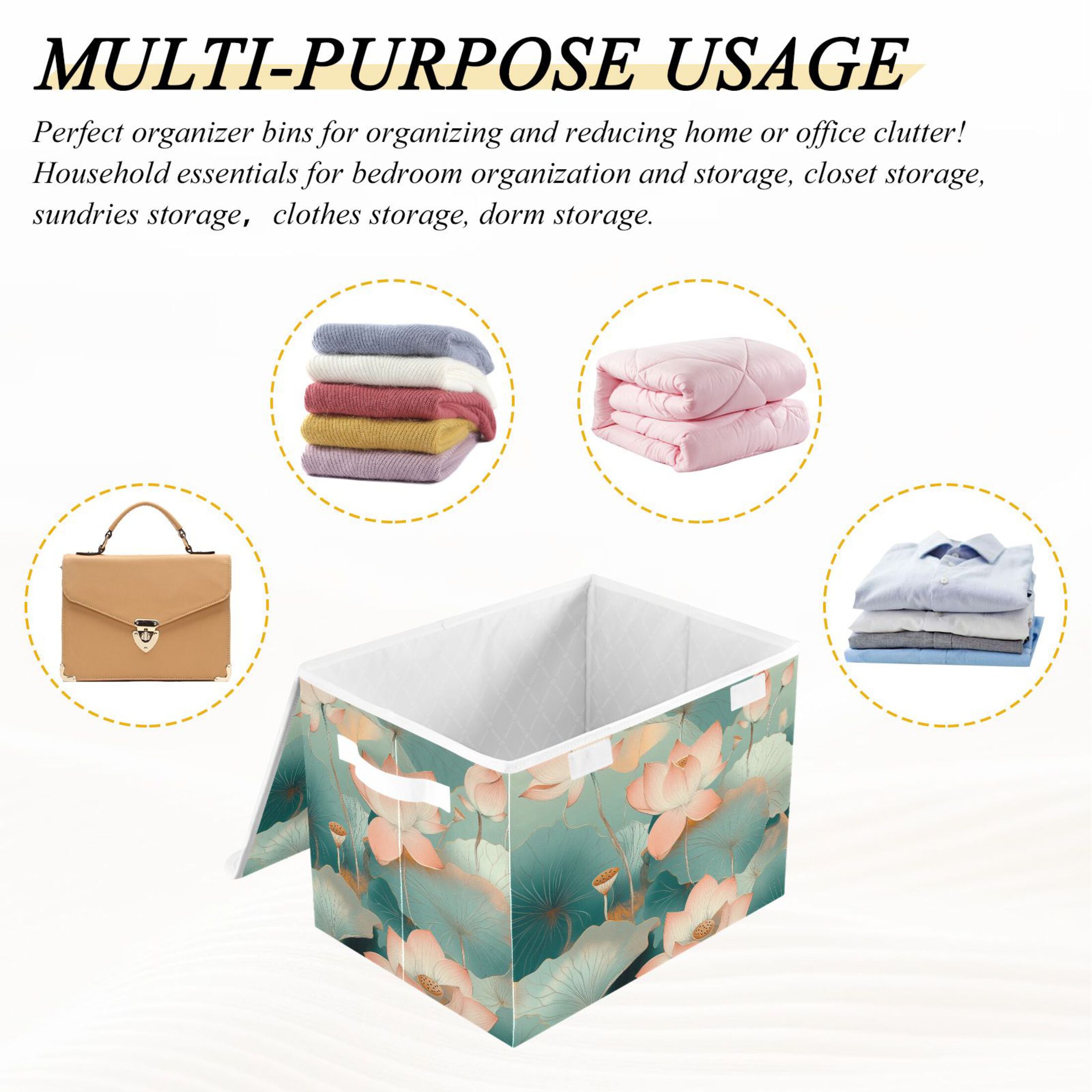 Green Lotus Picture Large Storage Bins with Linen Collapsible Lid Storage Box 16.7 x 12.6 x 11.8in
