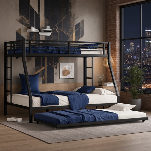 Twin Over Full Metal Bunk Bed with Twin Trundle, Space-Saving 3-Sleeper Design, No Box Spring Needed, Black