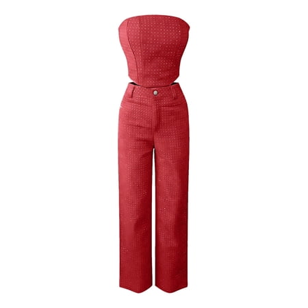 MDUKONU Women's Trousers Suit Set Low Waist Straight Leg Trousers for Everyday Wear High Street Casual Ensemble Suited Red M